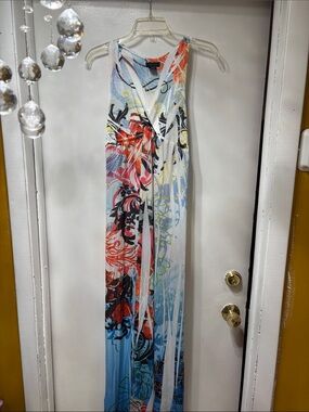 Sleeveless Floral-Print Maxi Dress in Blue, Red, White